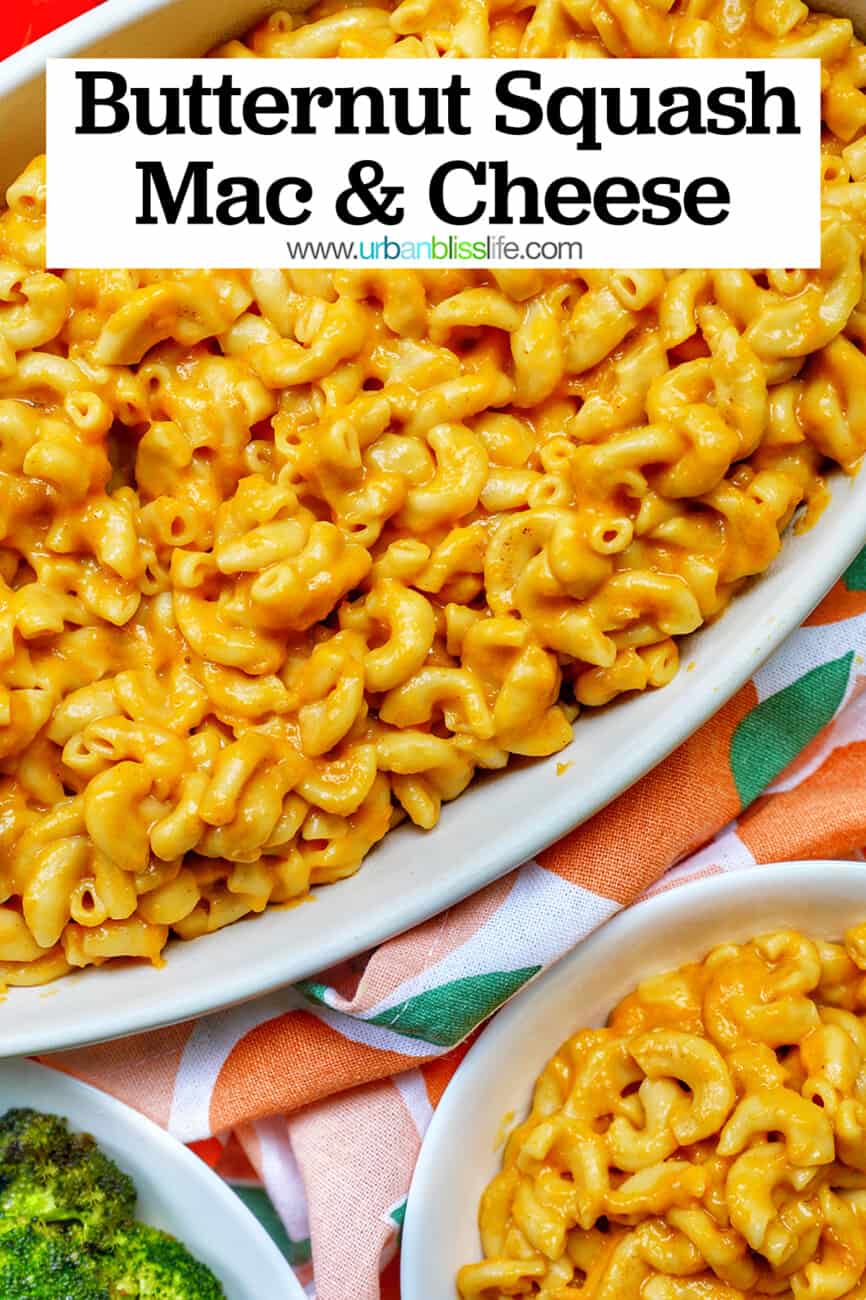 Butternut Squash Mac and Cheese in a serving platter with text overlay