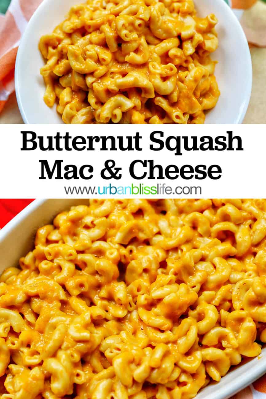 pressure cooker butternut squash mac and cheese with text overlay