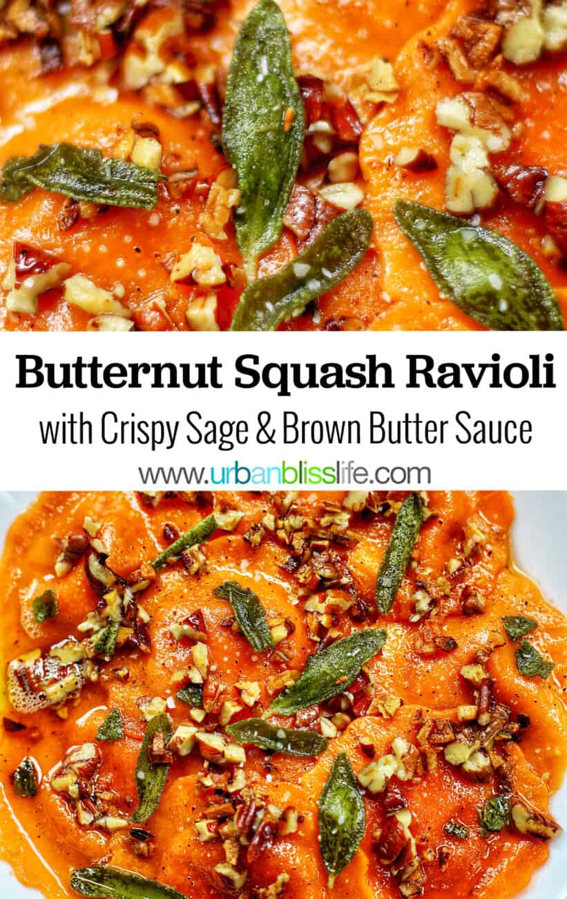 Butternut Squash Ravioli with Crispy Sage and Brown Butter Sauce with text overlay