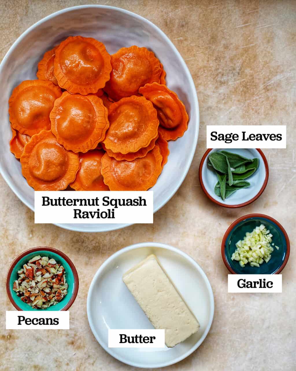 ingredients to make Butternut Squash Ravioli with Crispy Sage and Brown Butter Sauce