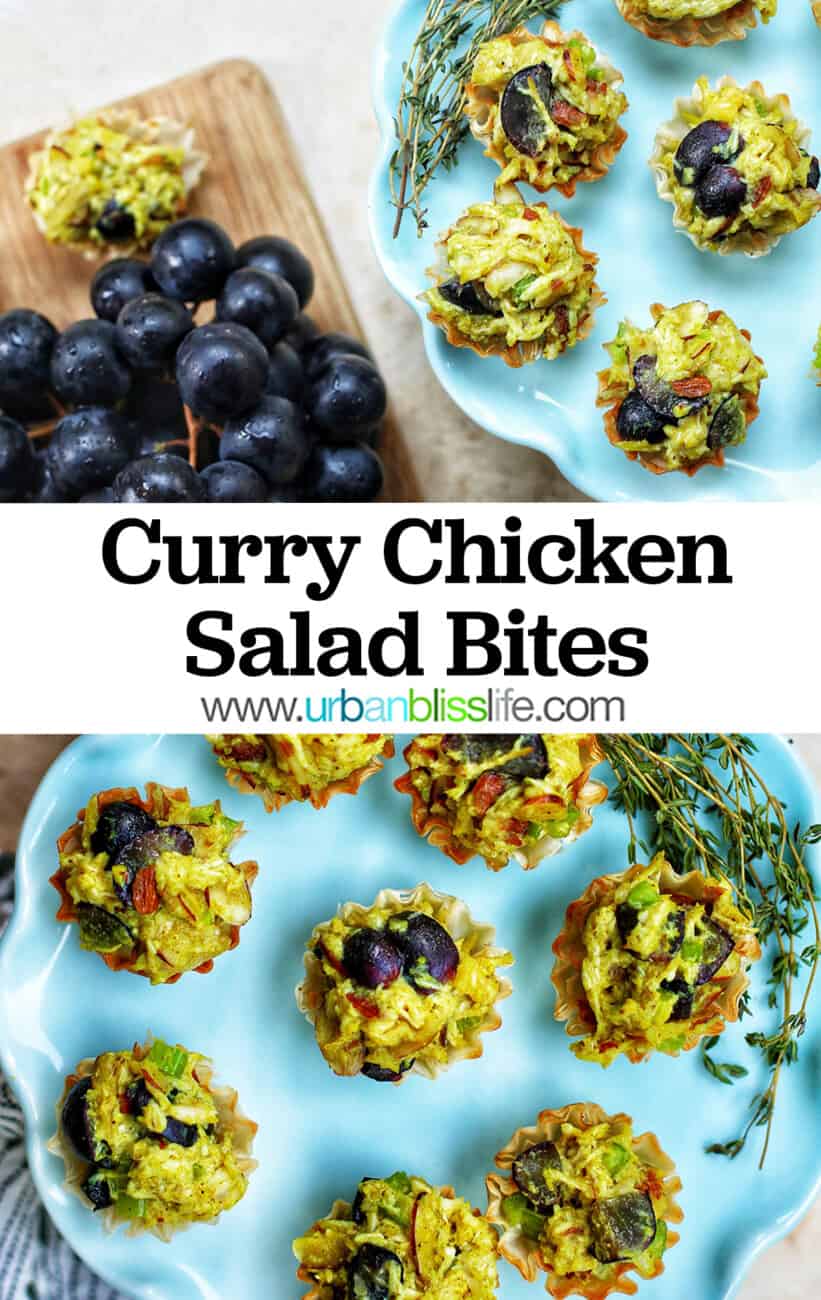 Curry Chicken Salad Bites on a blue plate with text overlay