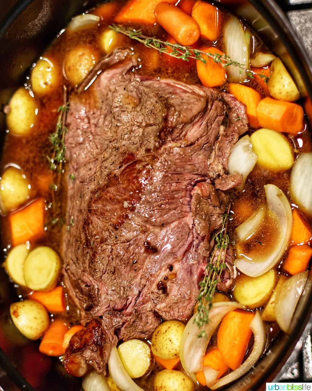 beef roast with veggies in dutch oven