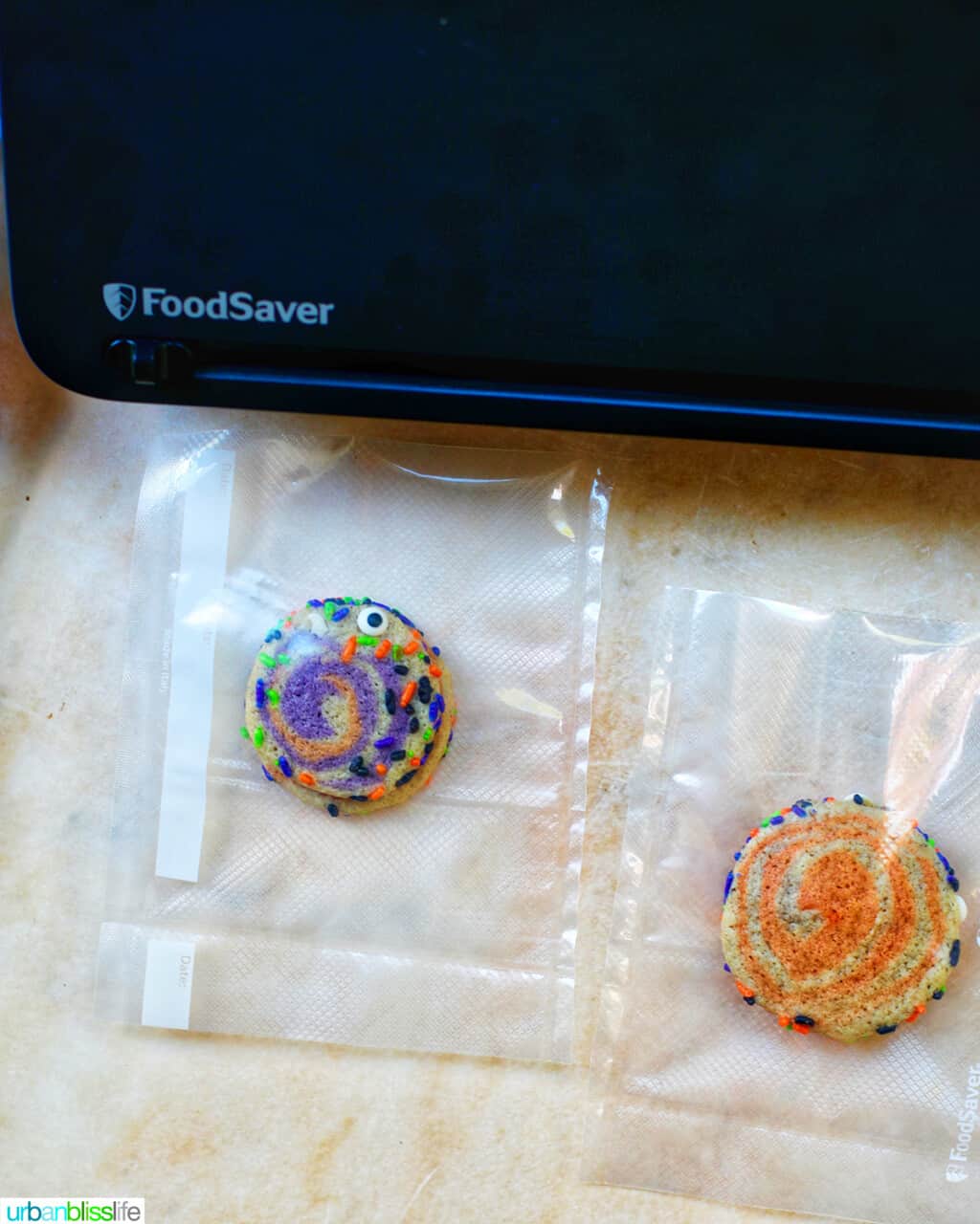 Halloween pinwheel cookies in FoodSaver bags with cut and seal marks