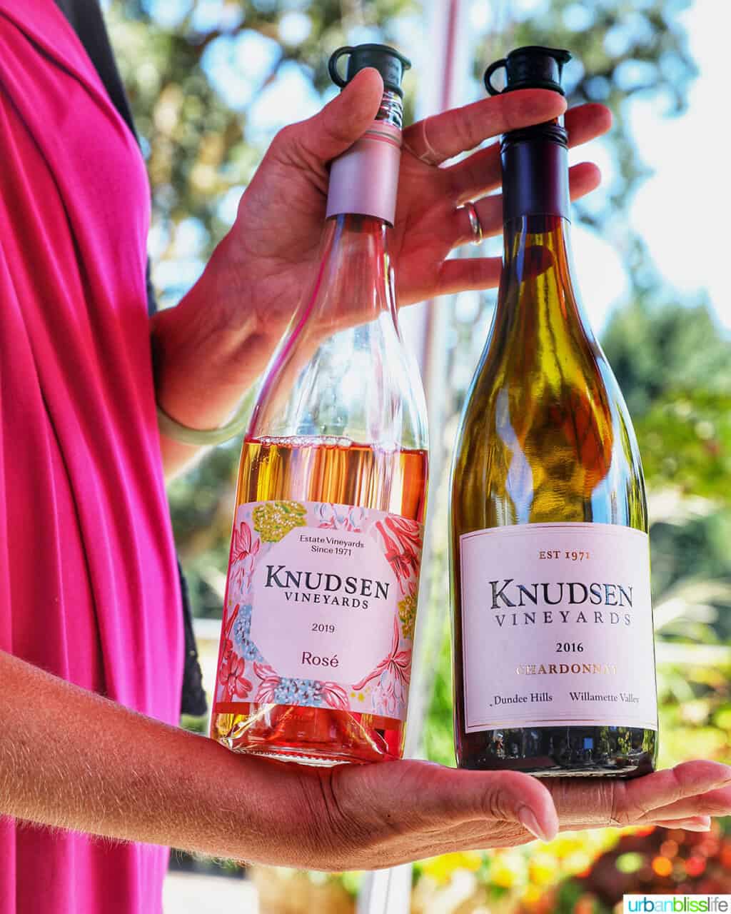 Knudsen Vineyards Rose and Chardonnay wine bottles