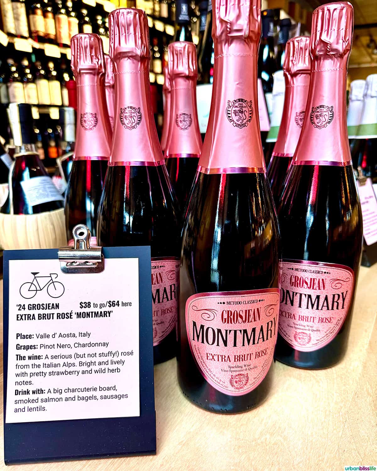 bottles of sparkling rose wine at Maglia Rosa restaurant in Portland, Oregon.