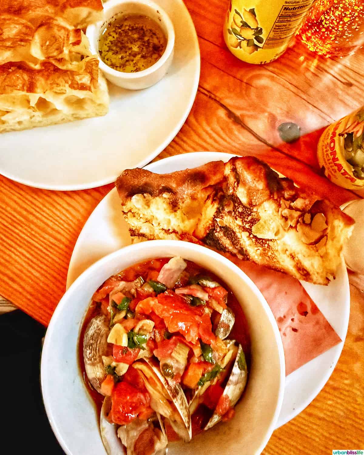 clams and focaccia at Maglia Rosa restaurant in Portland, Oregon.
