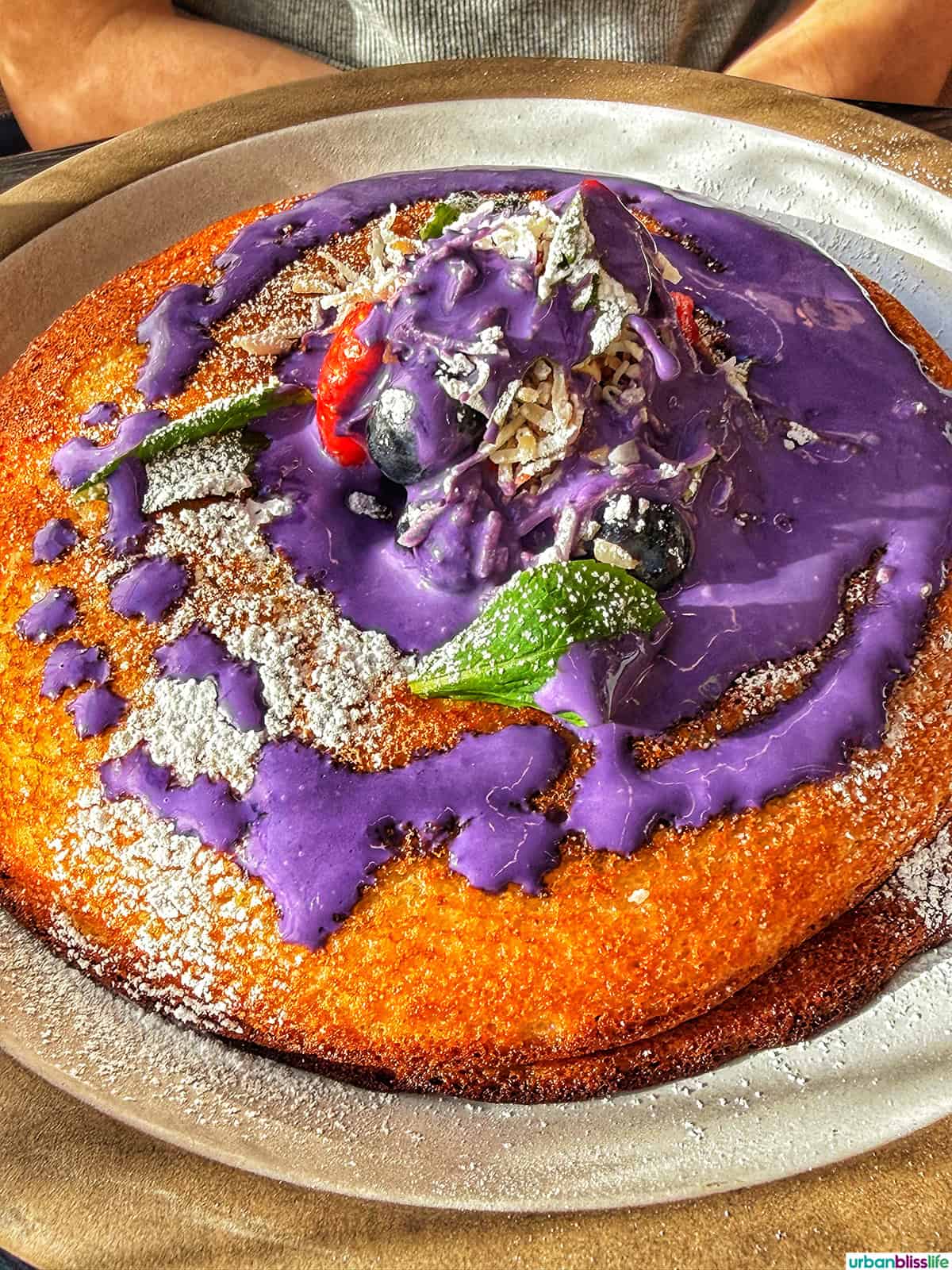 ube pancakes at Pamana Filipino restaurant in Portland, Oregon
