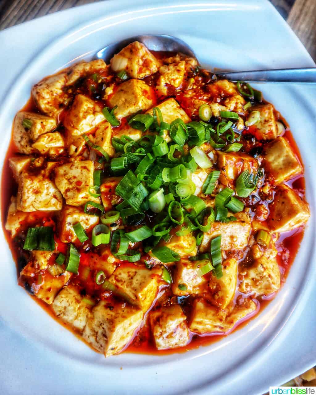 mapo tofu in a white bowl at Tasty Corner restaurant in Portland Oregon.