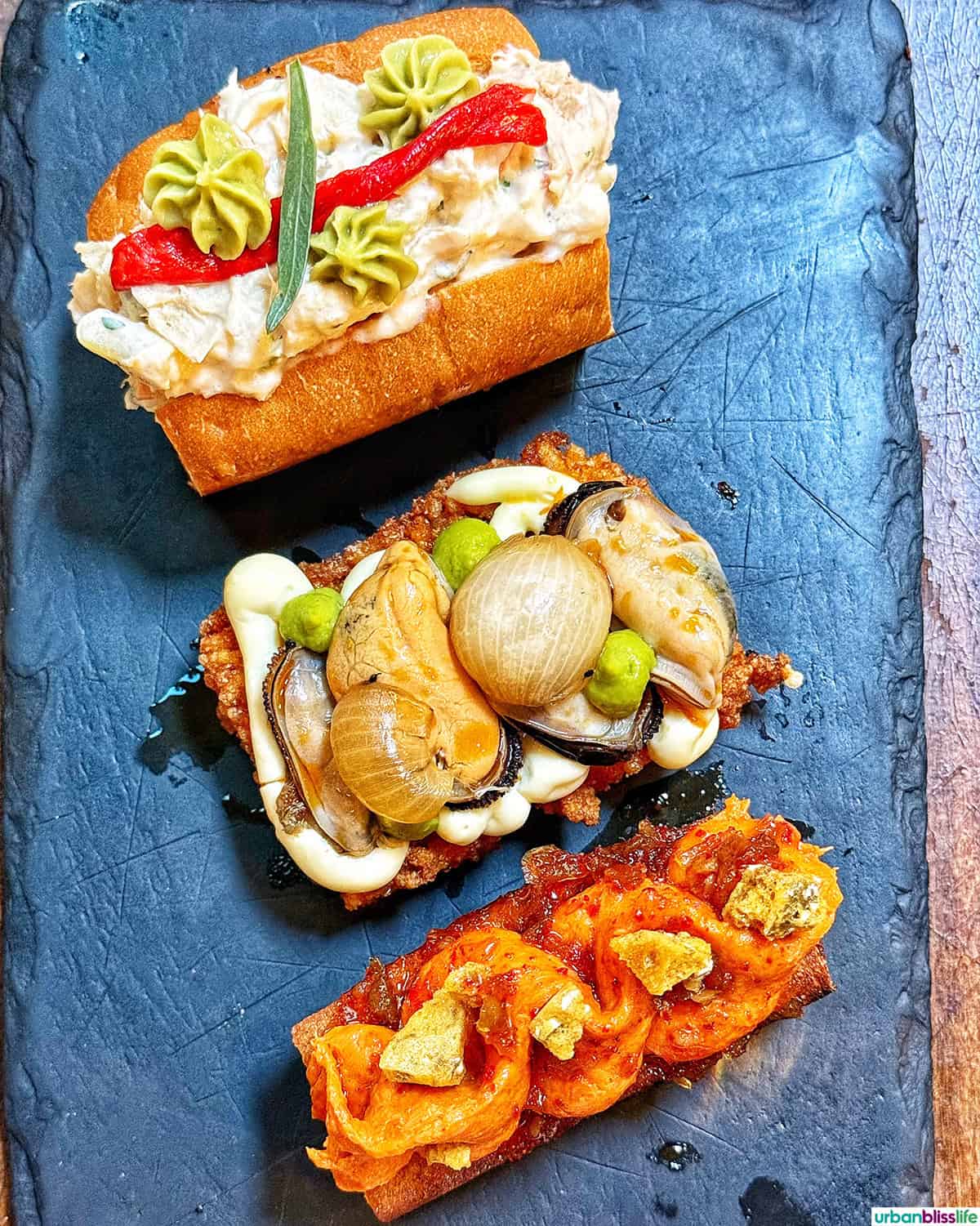 three pintxos in Urdaneta restaurant in Portland, Oregon.