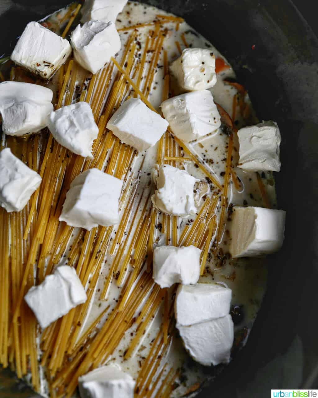 cream cheese added to other ingredients for crockpot Turkey Tetrazzini