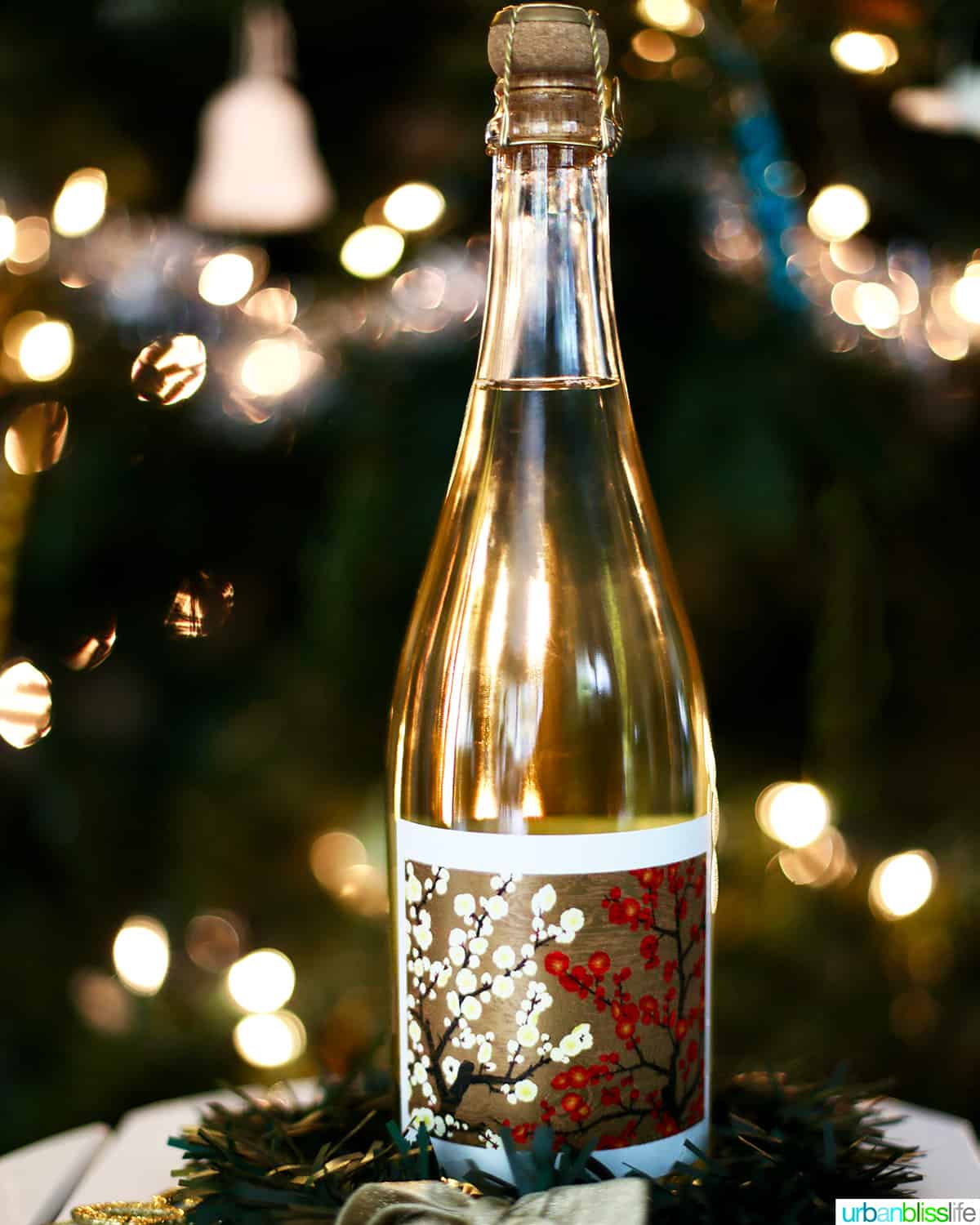 glass of sparkling wine with twinkling lights on 