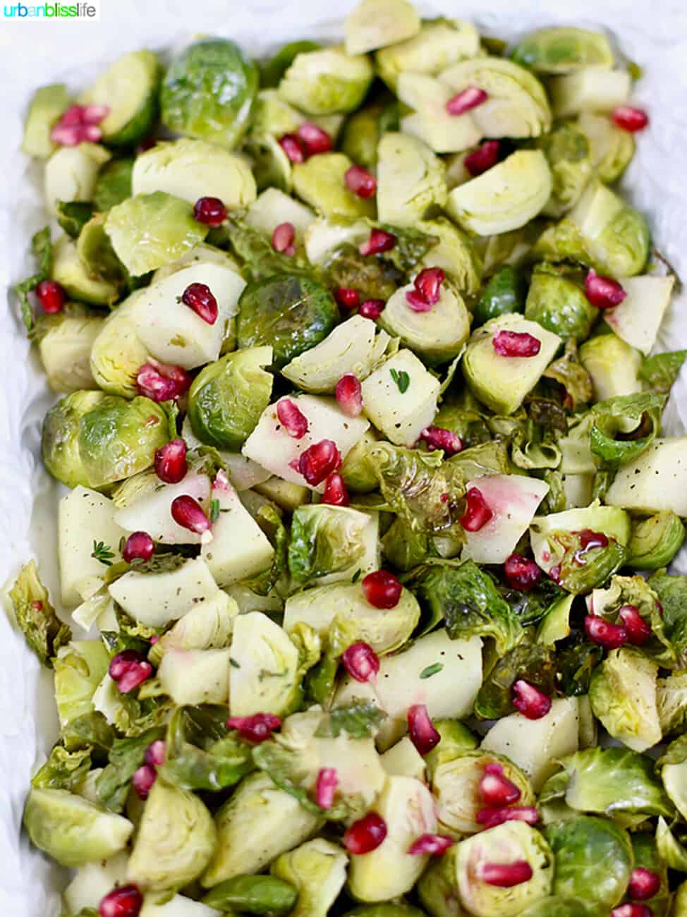 Roasted brussels sprouts with apples and pomegranate, recipe on UrbanBlissLife.com