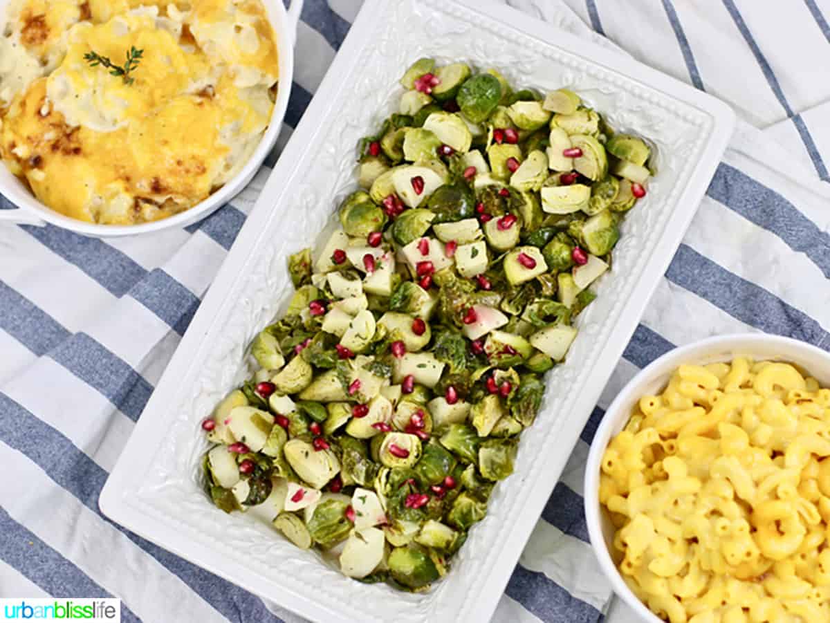 Roasted brussels sprouts with apples with mac and cheese