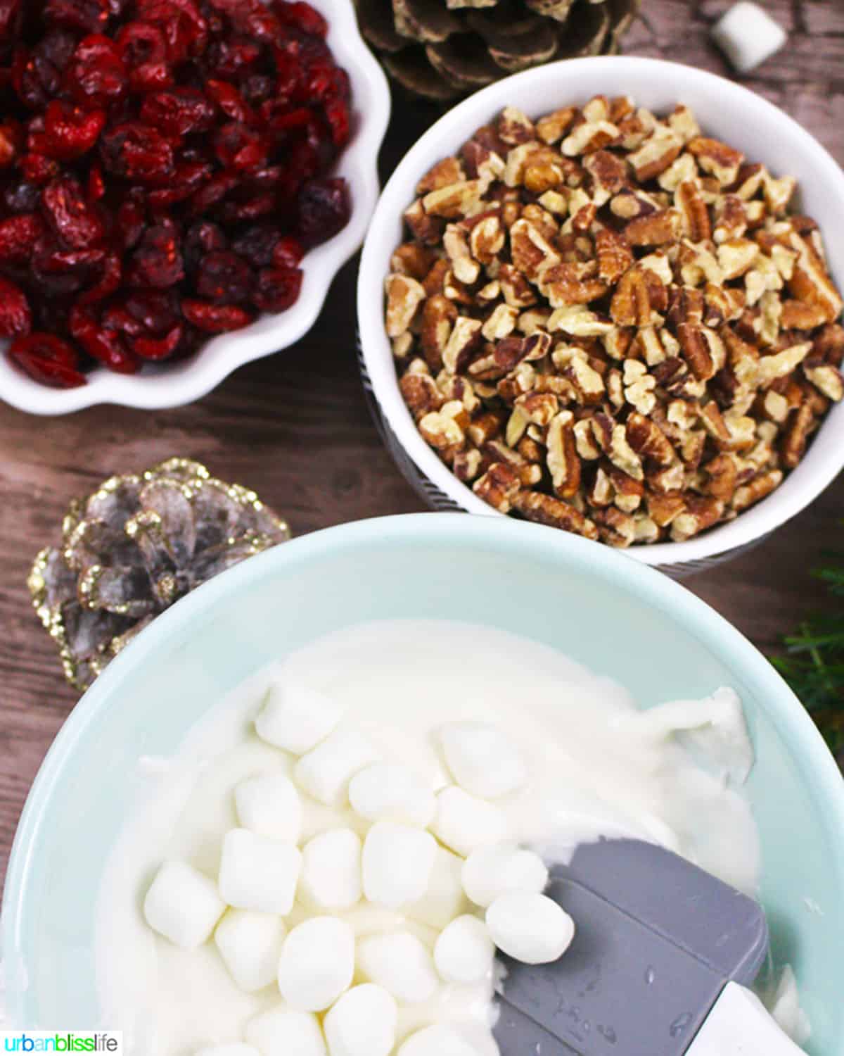 marshmallows, cranberries and nuts in separate bowls to make holiday white chocolate bark.