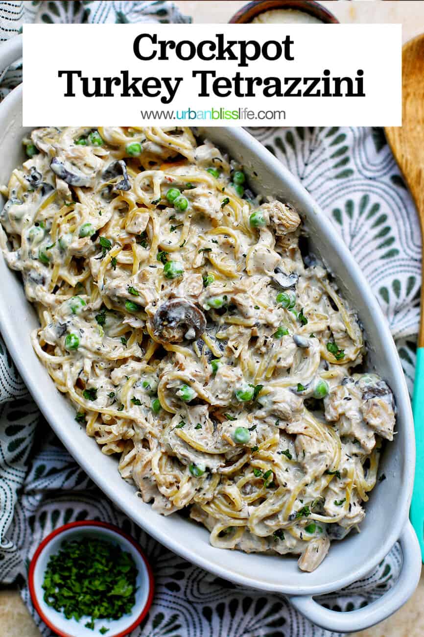 Crockpot Turkey Tetrazzini with text overlay