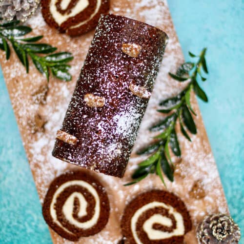 Gingerbread cake roll with holiday trimmings
