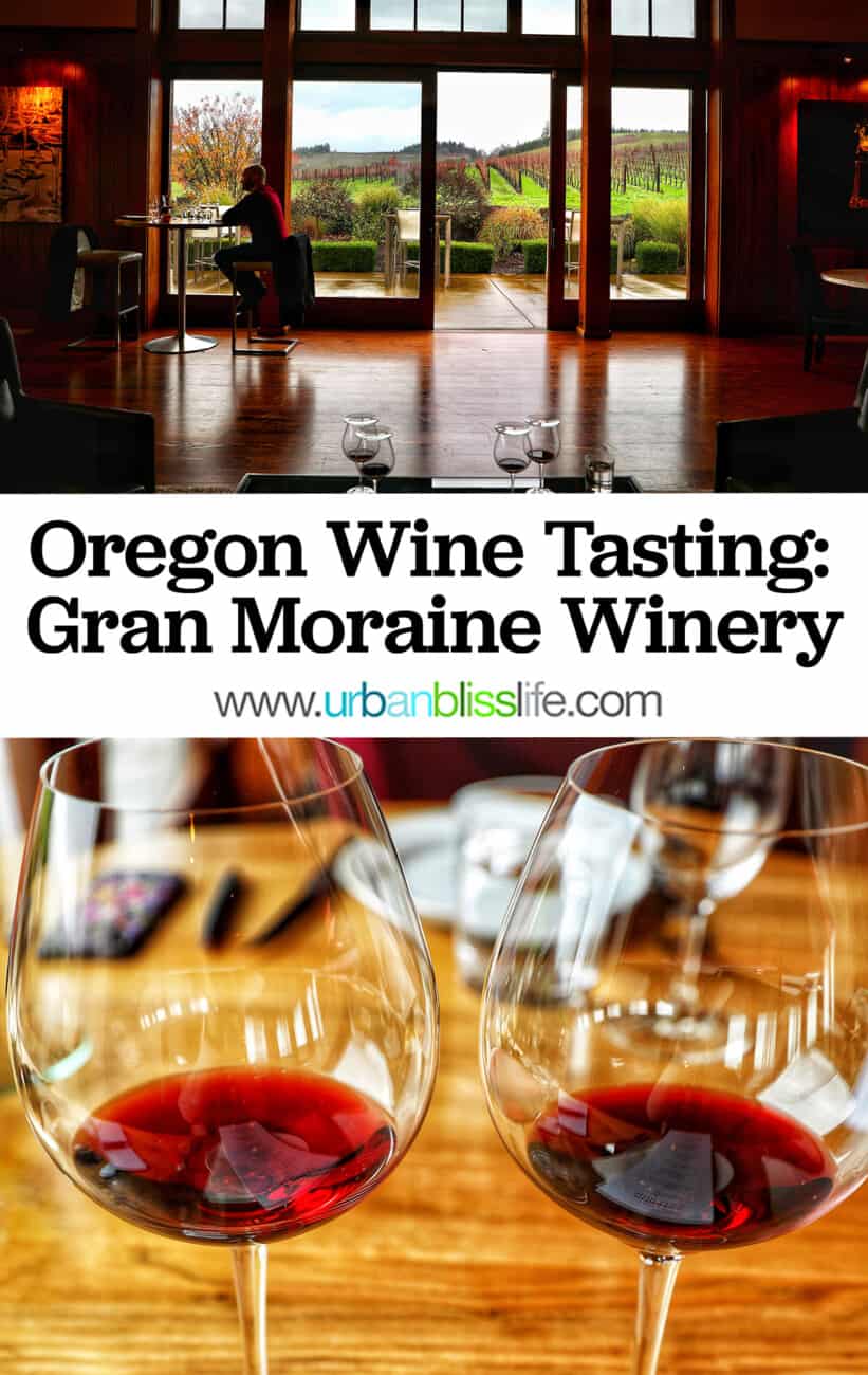 wine tasting room and two glasses of Oregon Pinot Noir at Gran Moraine Winery with text overlay
