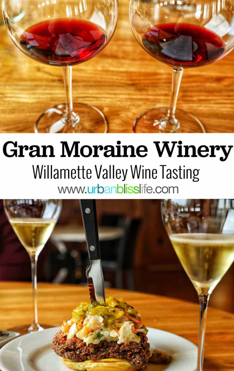 fried chicken, sparkling wine, and two glasses of Oregon Pinot Noir at Gran Moraine Winery with text overlay
