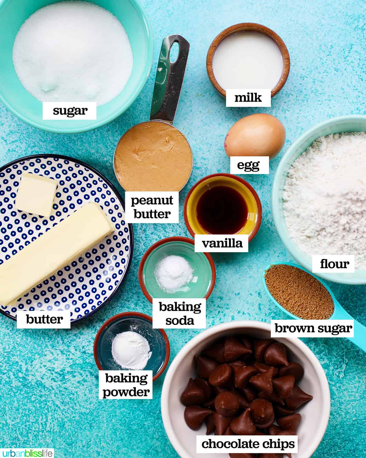 ingredients to make peanut butter blossom cookies