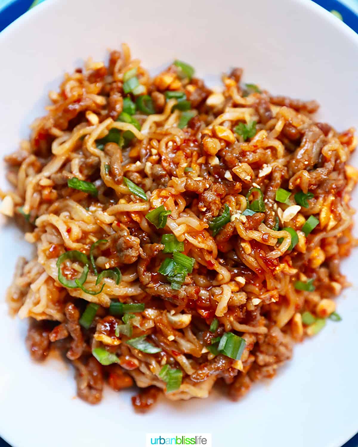 pork and peanut dragon noodles with green onions on a white plate.