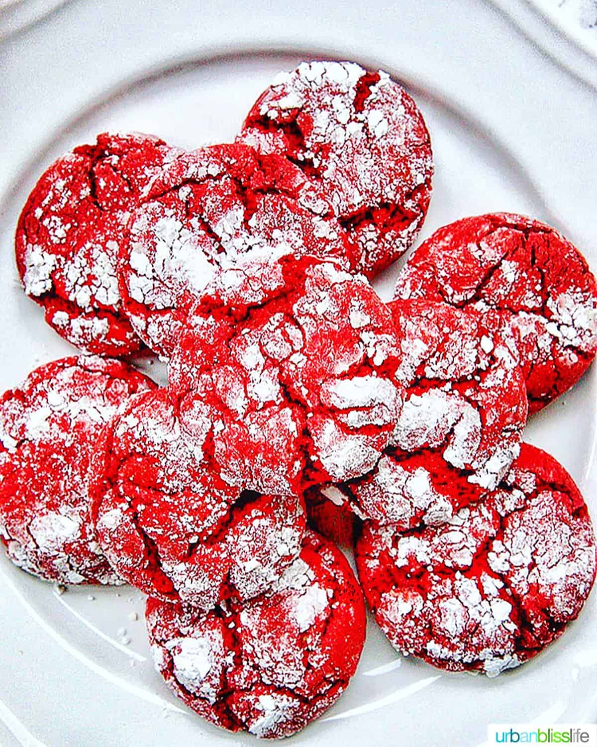 red velvet crinkle cookies on a plate