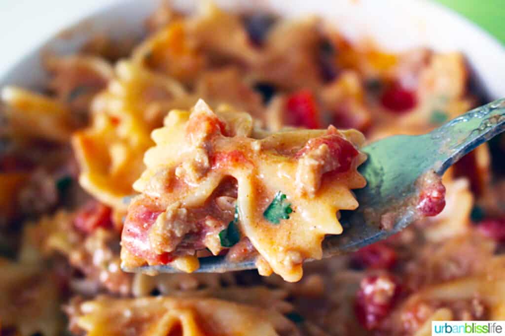 white bowl of Taco Pasta with fork