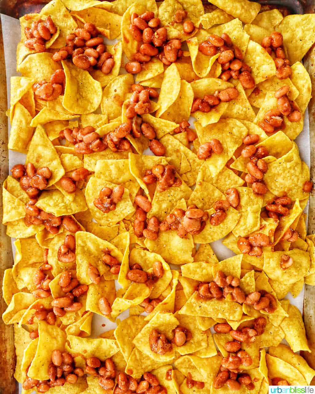tortilla chips and beans for sheet pan nachos