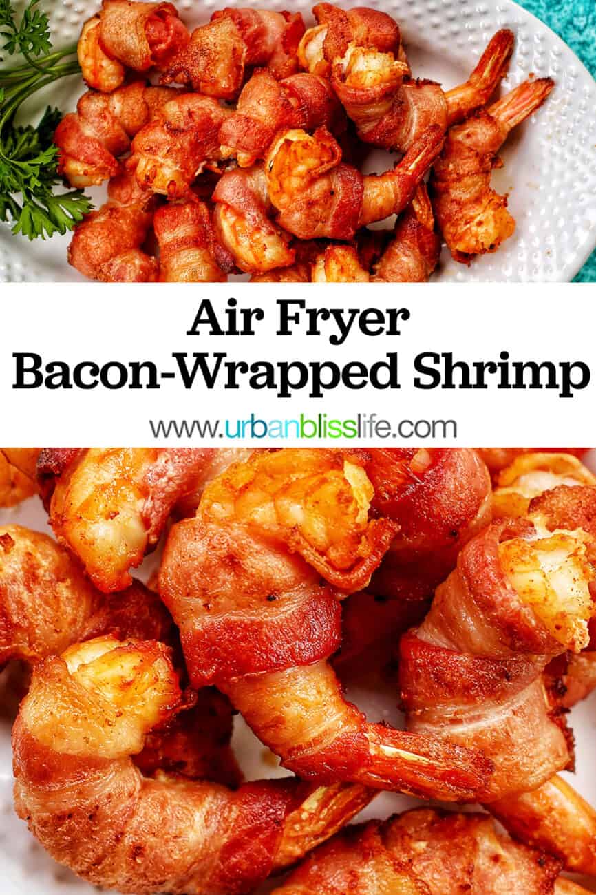 air fryer bacon wrapped shrimp with text overlay