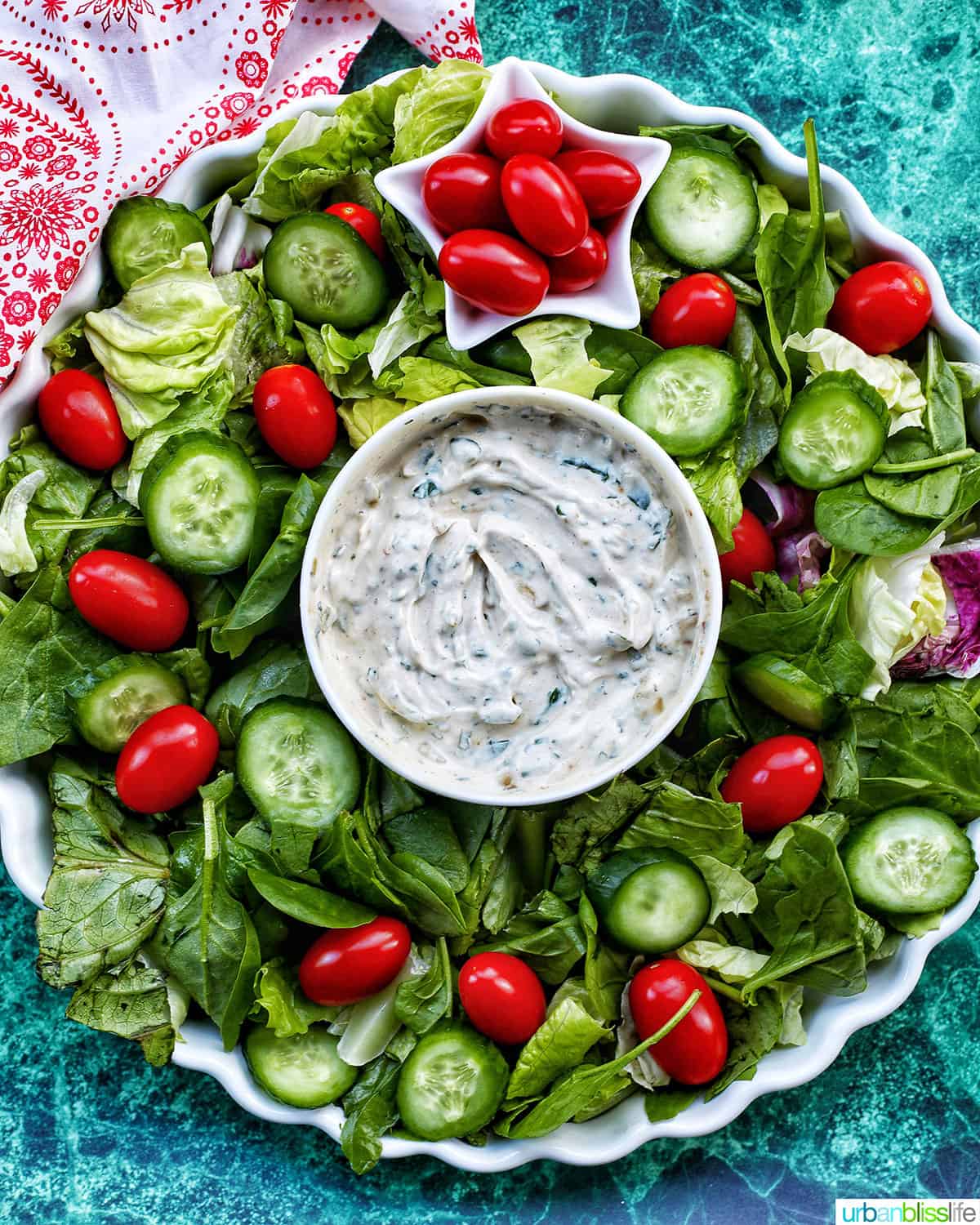 Christmas Salad Wreath with dairy-free spinach dip.