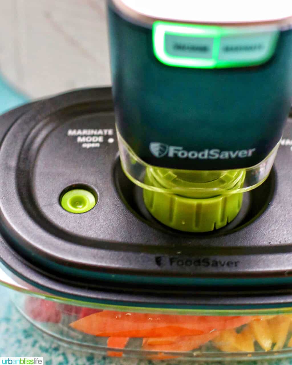 FoodSaver Handheld Vacuum Sealer sealing veggies in Preserve & Marinate Containers