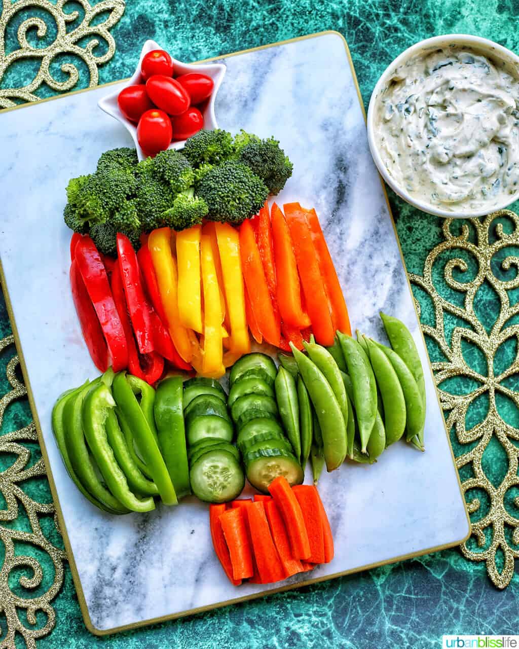 Christmas tree veggie tray with dairy free spinach dip