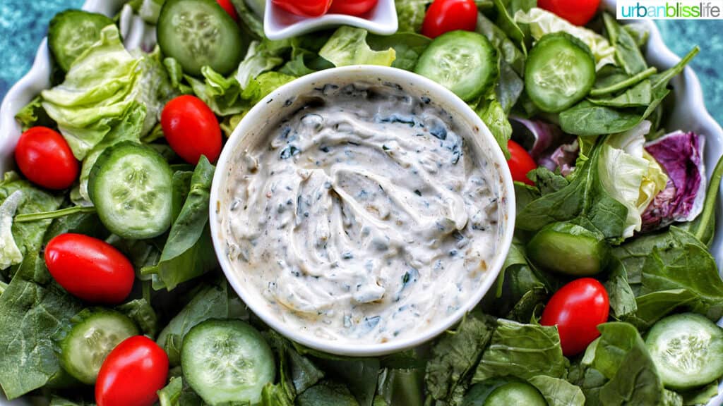 closeup landscape photo of Christmas salad wreath with dairy-free spinach dip