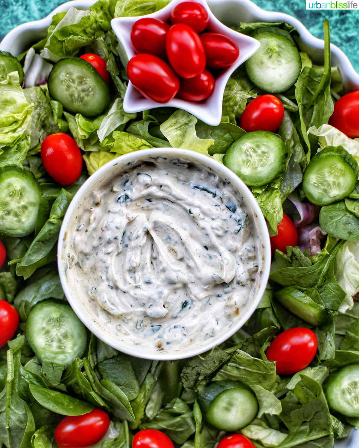 closeup of Christmas salad wreath with dairy-free spinach dip.