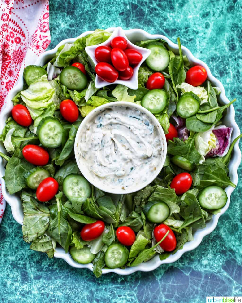 Christmas salad wreath with dairy-free spinach dip