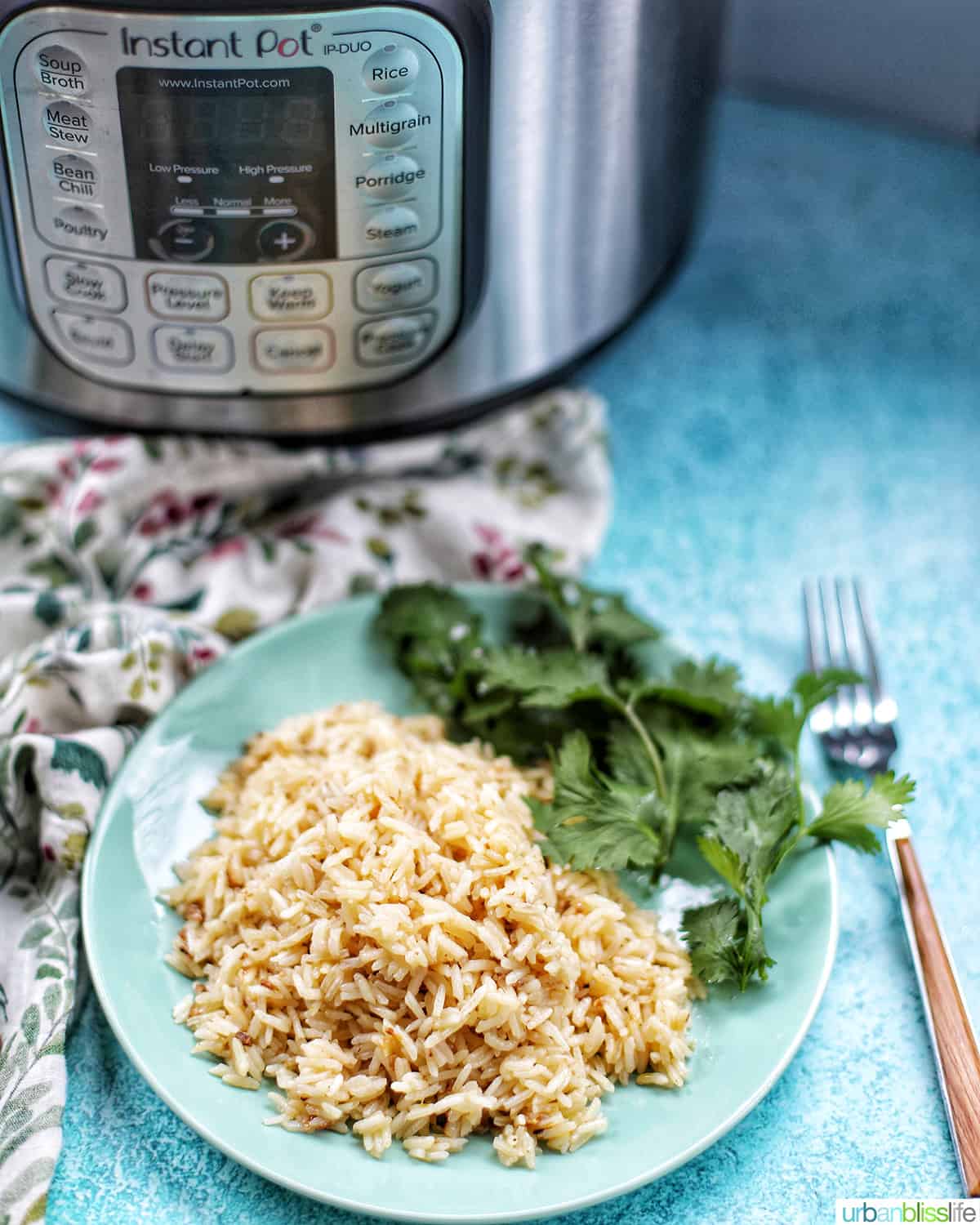 instant pot with plate of garlic rice and herbs, a fork, colorful napkin, on a bright blue table.