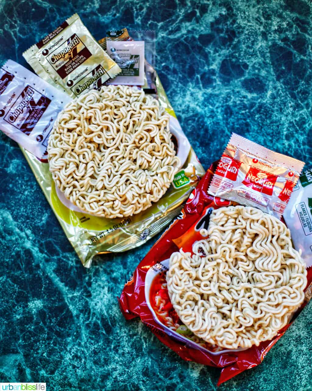 ramen and udon noodles to make ram-don (Jjapaguri noodles)