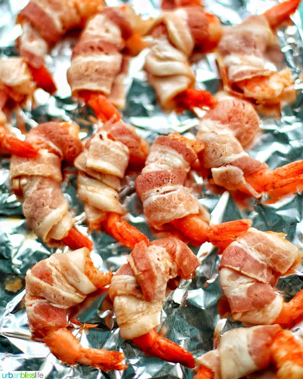 air fryer bacon wrapped shrimp on foil
