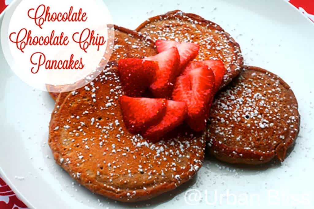 chocolate chocolate chip pancakes with strawberries