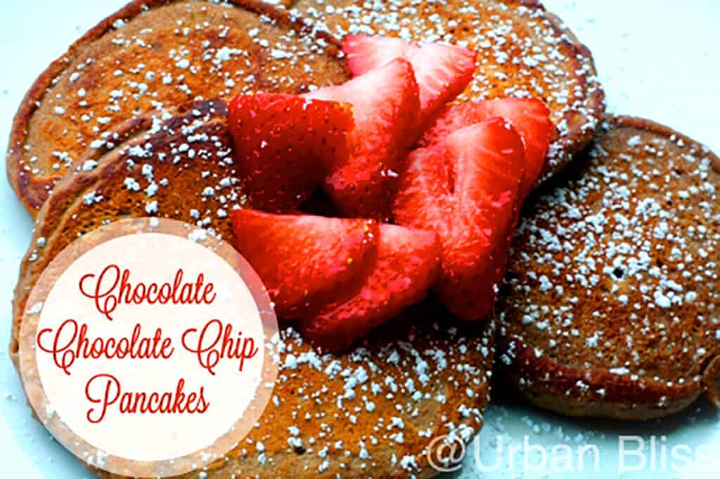 chocolate chocolate chip pancakes with strawberries