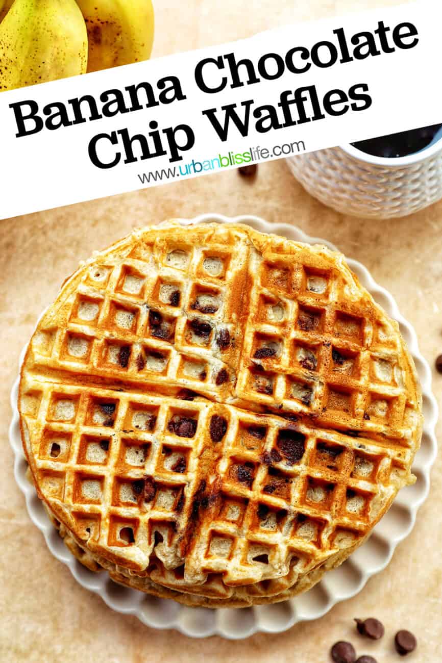 Banana Chocolate Chip Waffles with text overlay