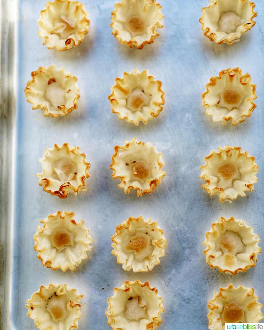 phyllo cups on a baking sheet