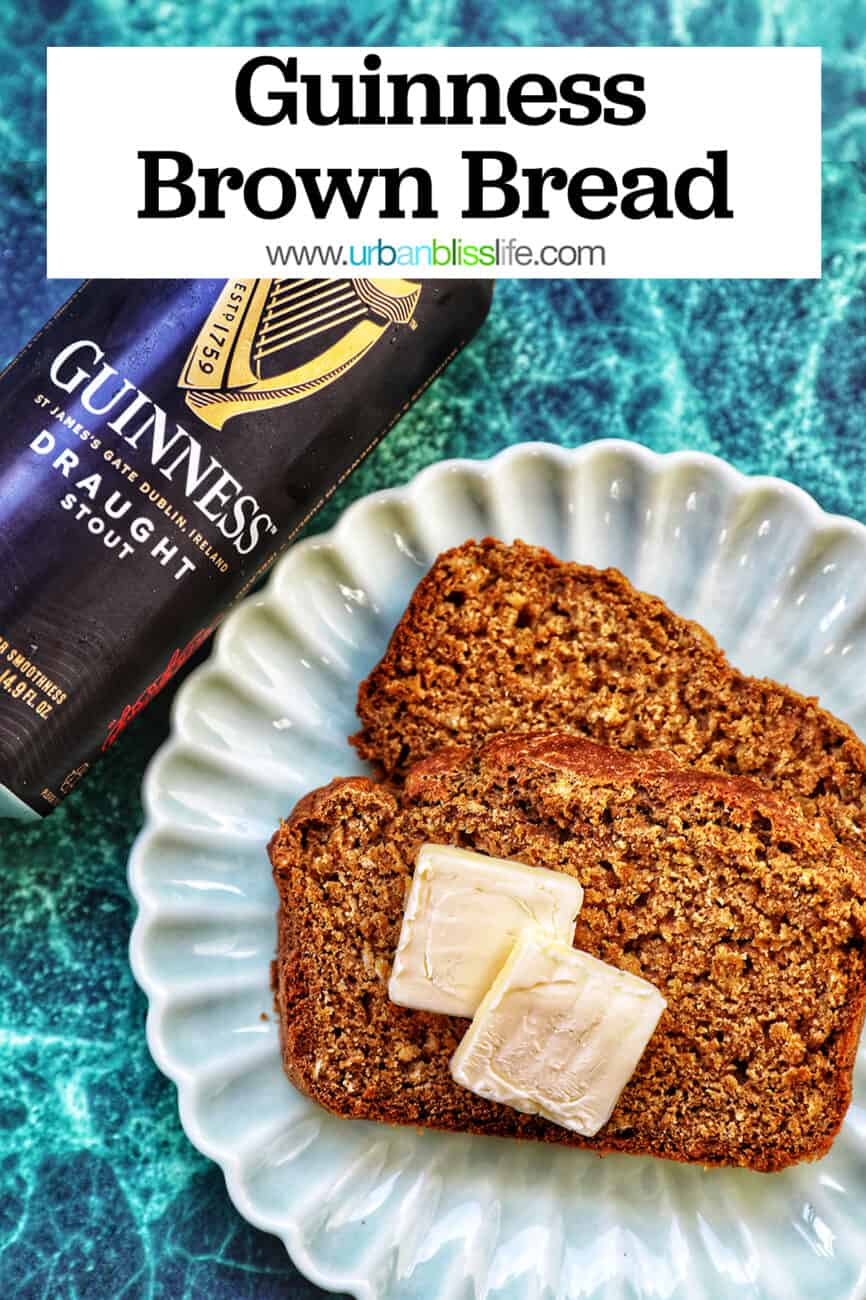 loaf of Irish brown bread with a Guinness beer and text overlay