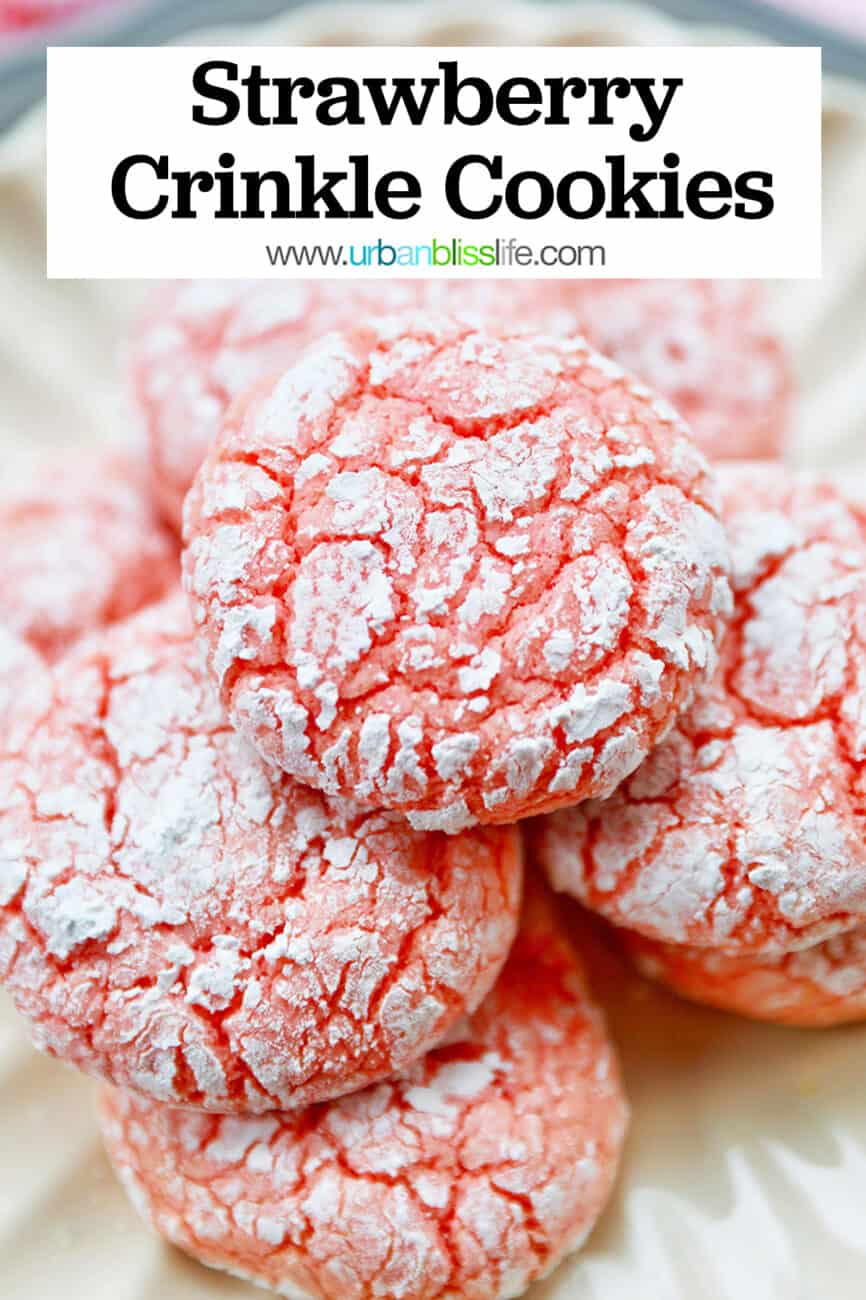 strawberry crinkle cookies with text overlay