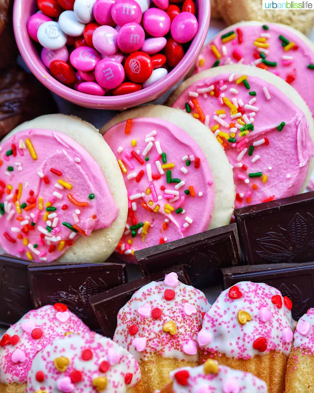 closeup of cookies and candies on a Valentine's Day Dessert Board