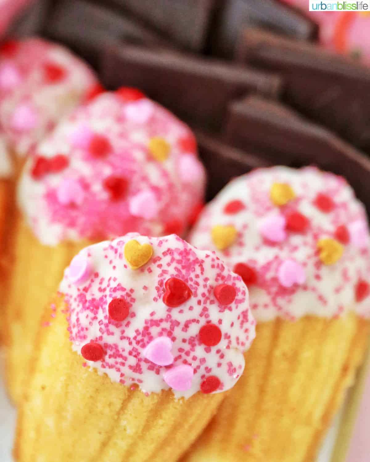 Valentine's Day madeleines dipped in white chocolates