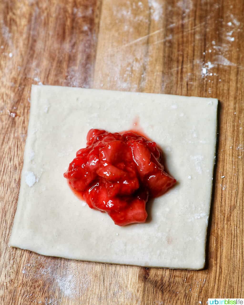 strawberry jam in center of puff pastry
