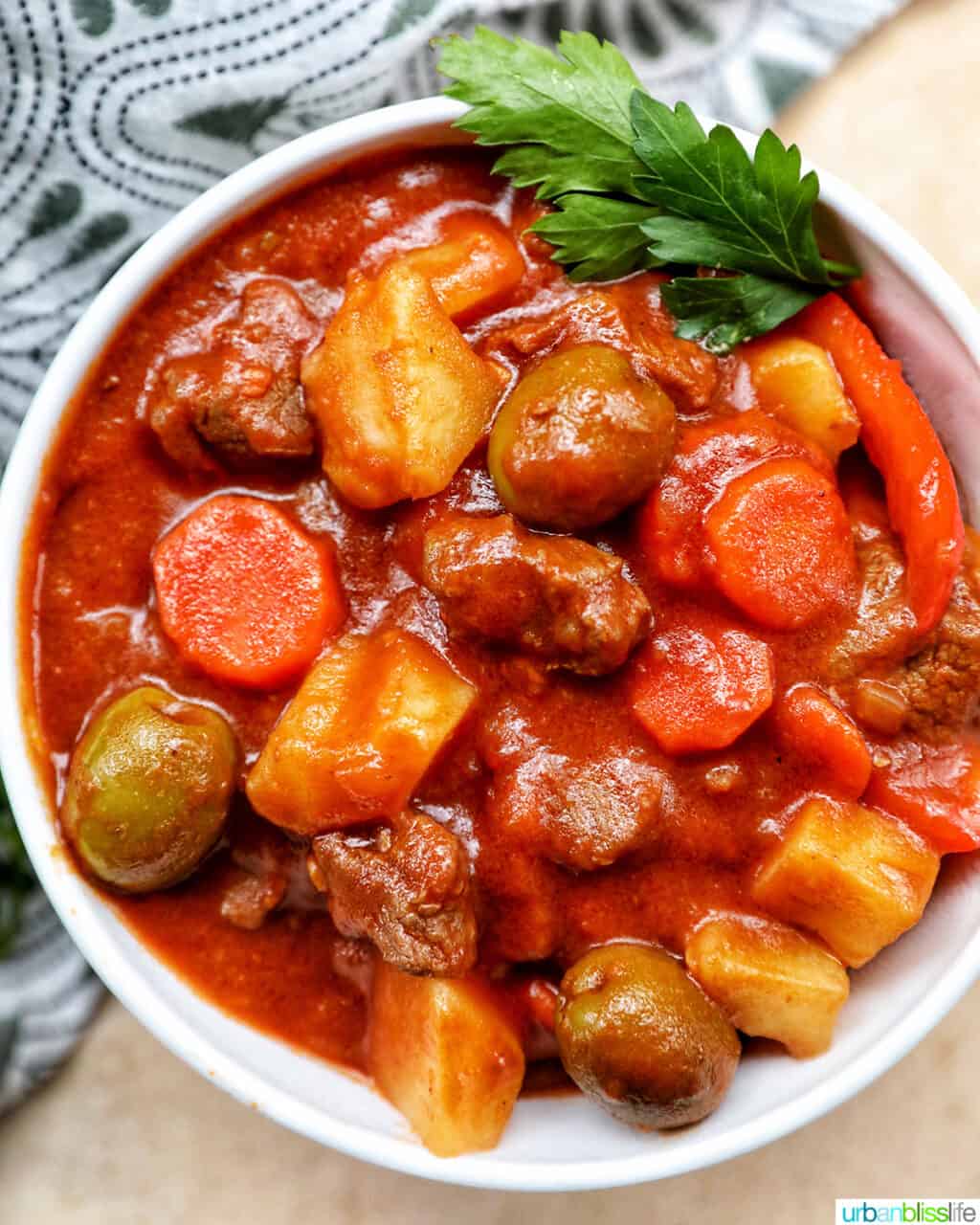 closeup bowl of Filipino beef caldereta