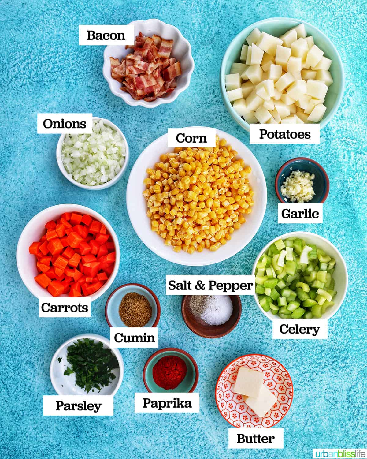 bowls of ingredients to make instant pot potato corn chowder