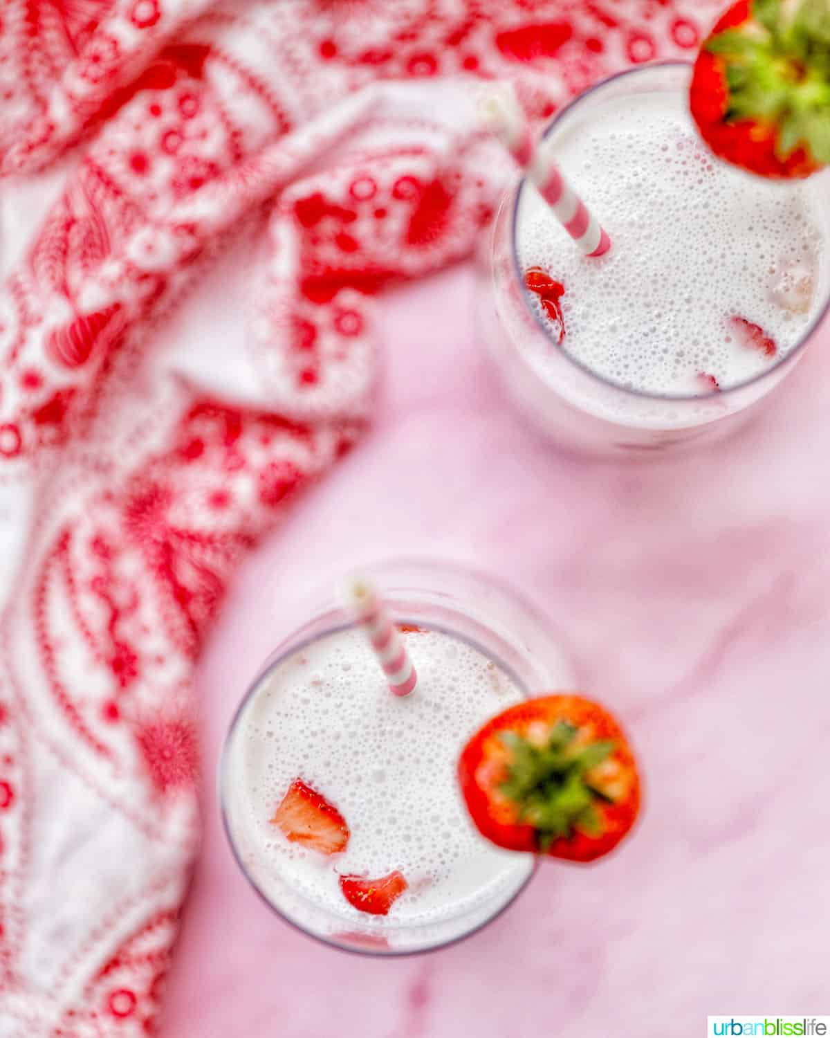 overhead of two glasses of Korean Strawberry Milk