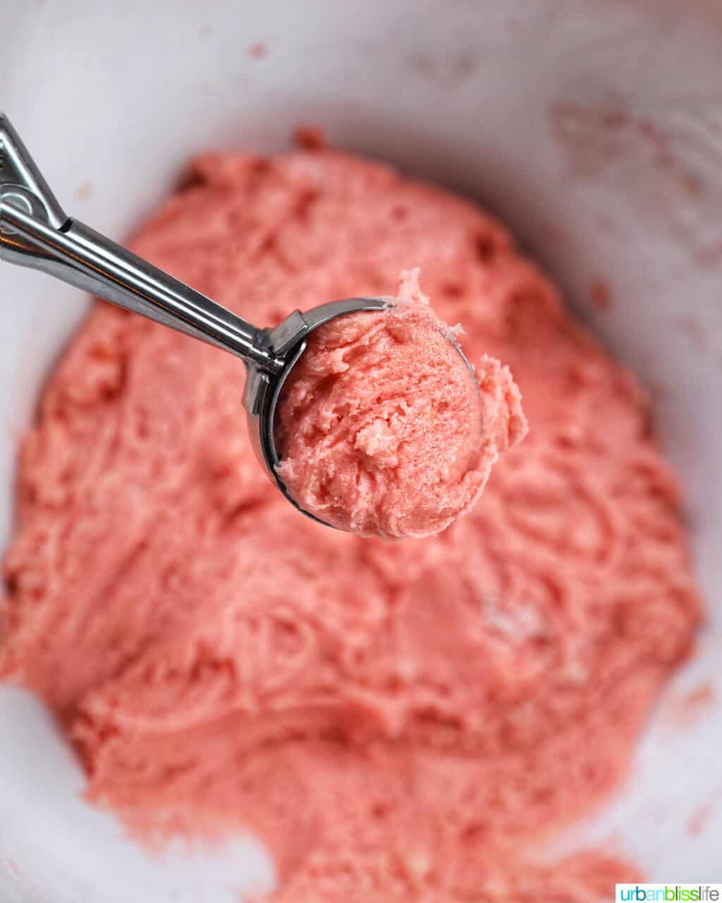 scoop of strawberry crinkle cookie batter